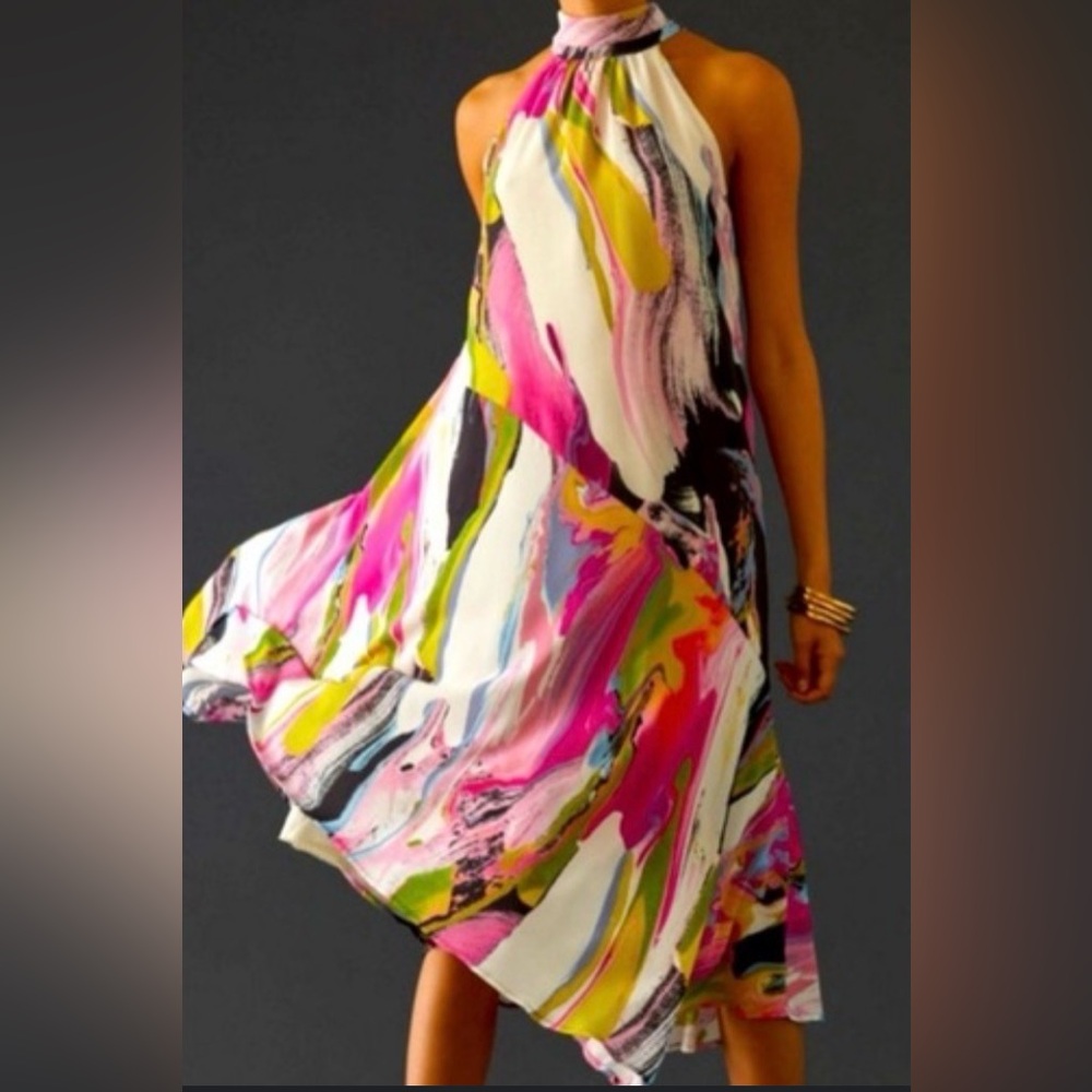 Anthropologie Silk Halter Midi Dress Marble Swirl Color Asymmetrical Flowing XL